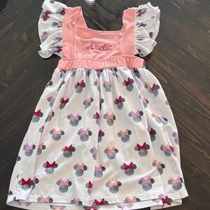 “Amelia” Kids Pink Minnie-Print Dress with Embroidered Name